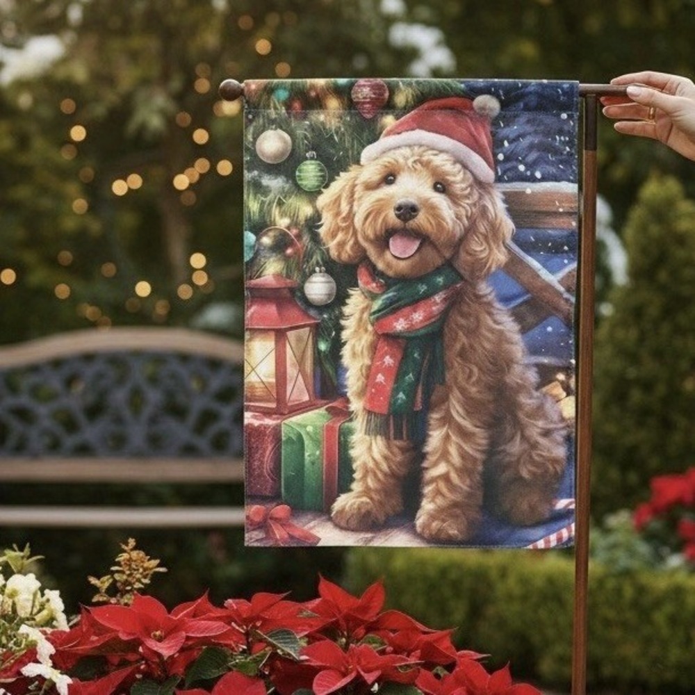 Christmas Goldendoodle Garden Flag Holiday Dog Santa Hat Burlap 12x18 Yard Decor